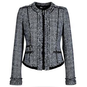 WHBM Tweed Blazer 8 Black Fringe Trim Epaulet Shoulders Front Zip 3 Zip Pockets